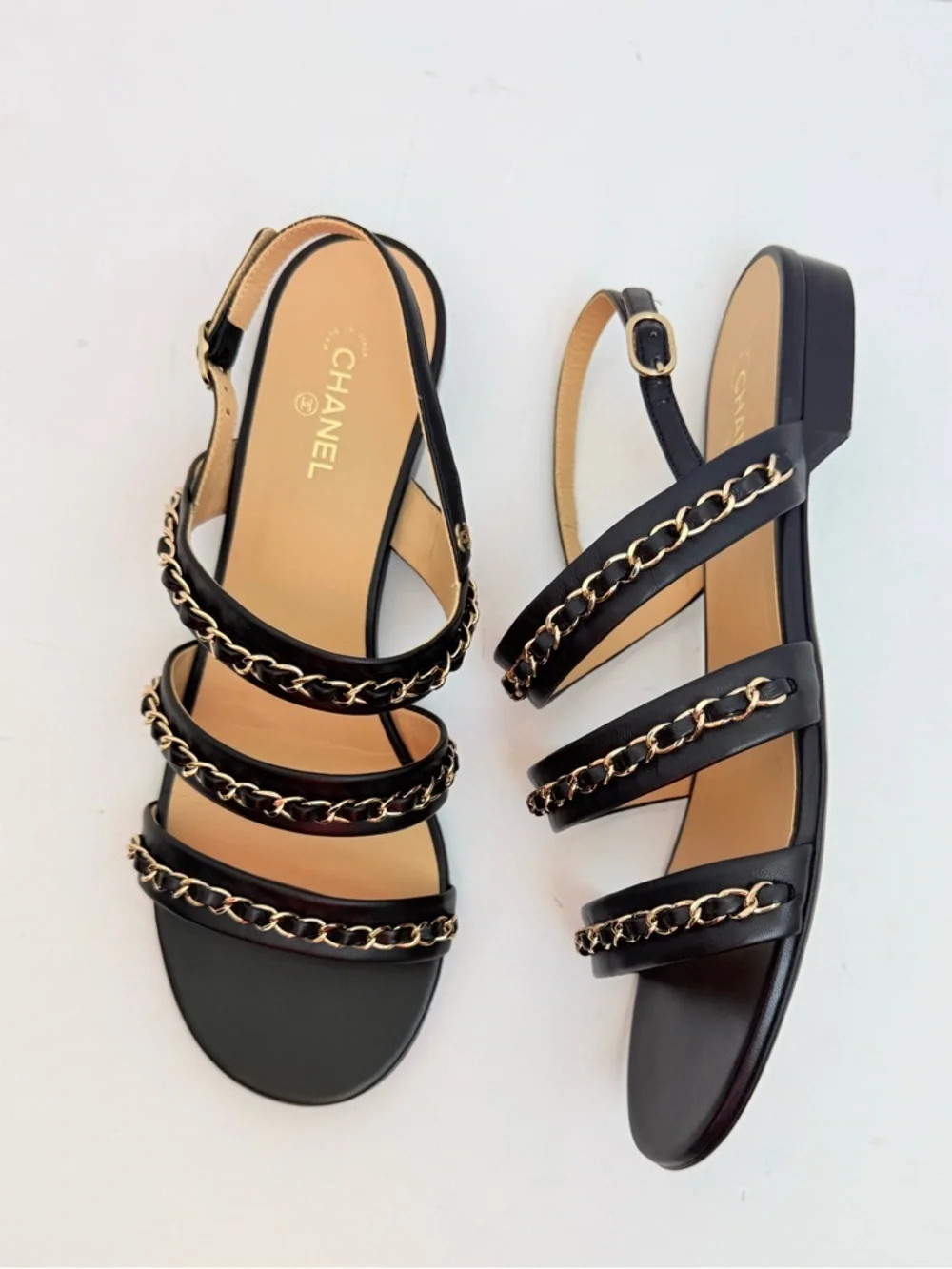 Chanel 22 Logo Chain Strap Lambskin Sandals Black Gold CC EU 40 US 10
